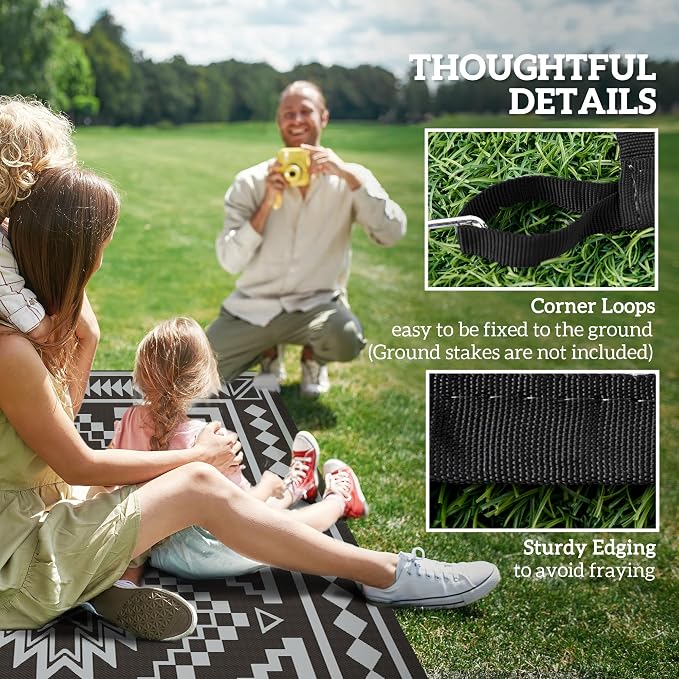 Outsunny Outdoor Rug for Patio, 9' x 18' Waterproof Large Mat, Reversible Plastic Straw Rug for Decor, Portable Outside RV Camping Area Carpet Mat for Backyard Porch Deck Picnic, Black & Gray Square