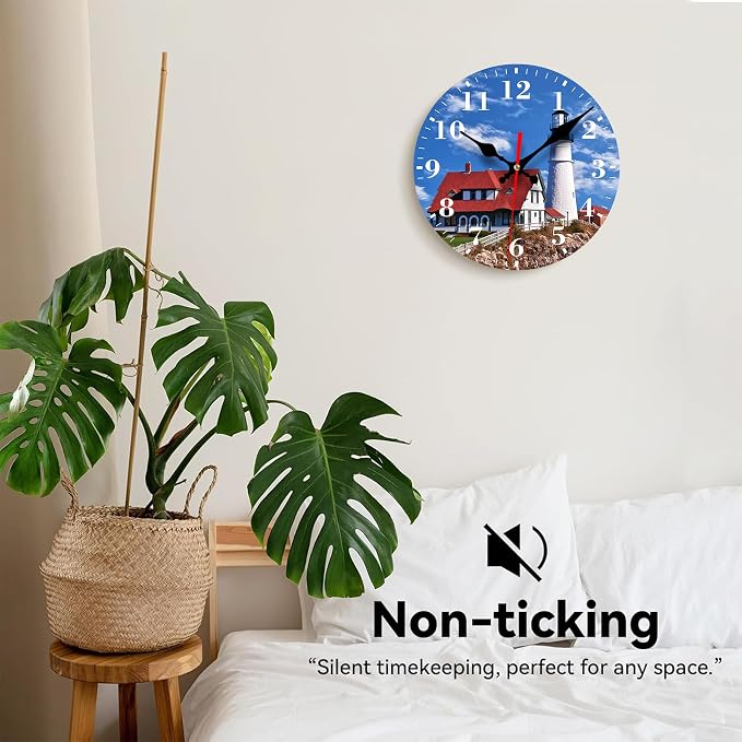 Wall Clocks Battery Operated, Beautiful White Lighthouse Silent Non Ticking Decorative Indoor Outdoor Wall Clocks for Living Room Kitchen Bedroom Bathroom 12"