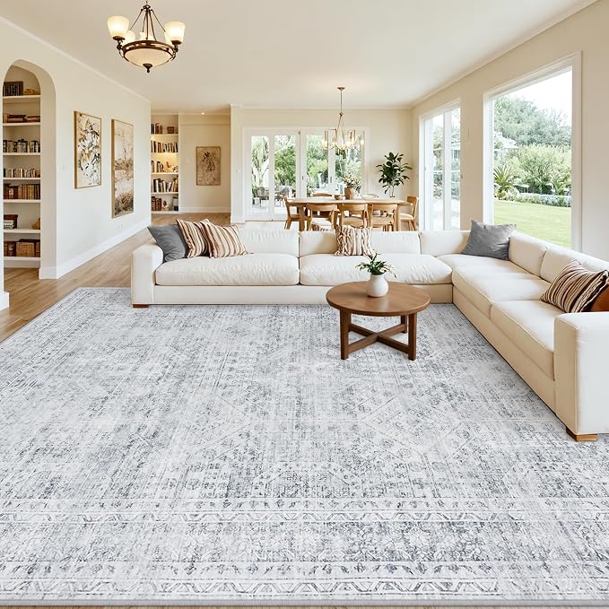 10x12 Area Rugs Living Room: Bedroom Neutral Washable Carpet Gray | Vintage Boho Soft Small Indoor Decor Floor Non-Slip Low Pile Neutral Farmhouse Entryway Laundry Bathroom Bedroom Beside Rugs
