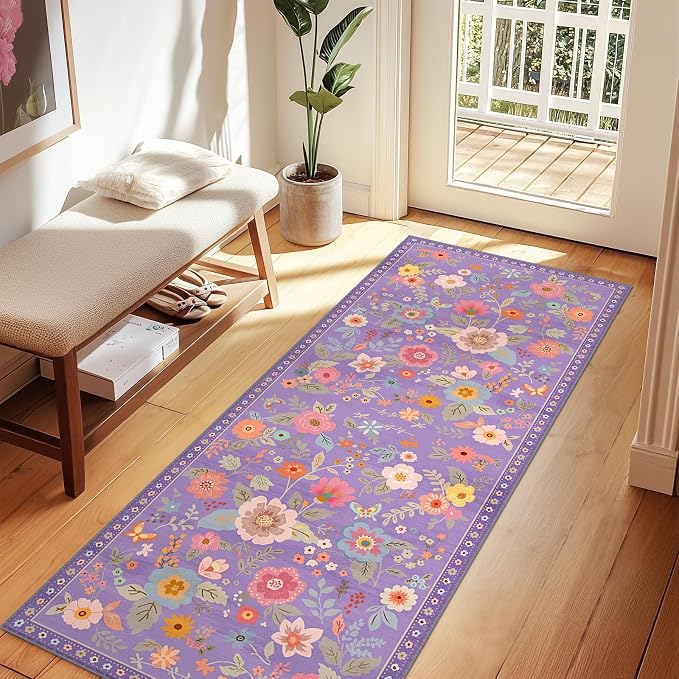 Floral Washable 2x6 Area Rugs Runner Entryway Hallway Purple/Pink | Flower Carpet, Print, Boho, Non-Slip, Easy to Clean, Low Pile, Soft, for Living Room Bedroom Kitchen Office Entrance