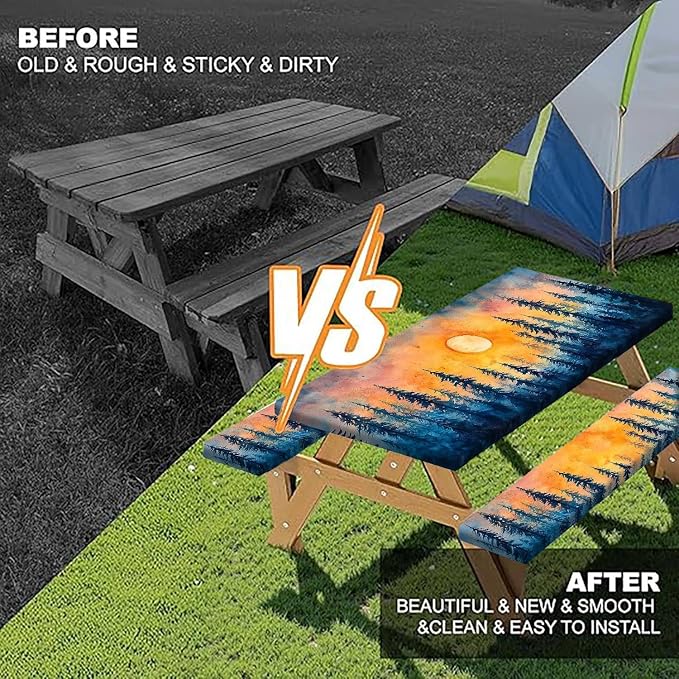 Picnic Table Cover with Bench Covers and Bag, Forest Sunset Camping Essentials Waterproof Windproof, Fitted Tablecloth Cover with Elastic Edge, for Indoor & Outdoor, Camping, 3 Pieces Set, 30x72 IN