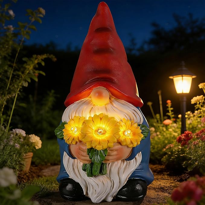 Gnomes Solar Garden Decor Garden Statues Sunflower Gnome Figurines Birthday Gifts for Women Mothers Day Gifts for Mom Grandma Outdoor Decorations for Yard Lawn Patio