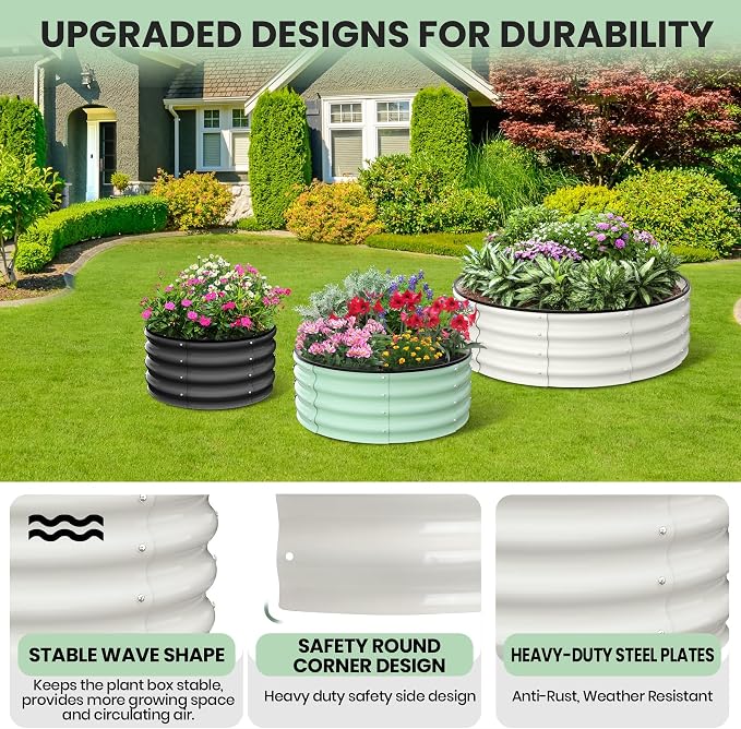 Garvee Galvanized Raised Garden Bed, 2Pcs Raised Garden Beds Outdoor, Round Planter Raised Beds with Gloves and Rubber Edge Trim for Vegetables, Flowers and Herbs, 3x3x1 FT, White