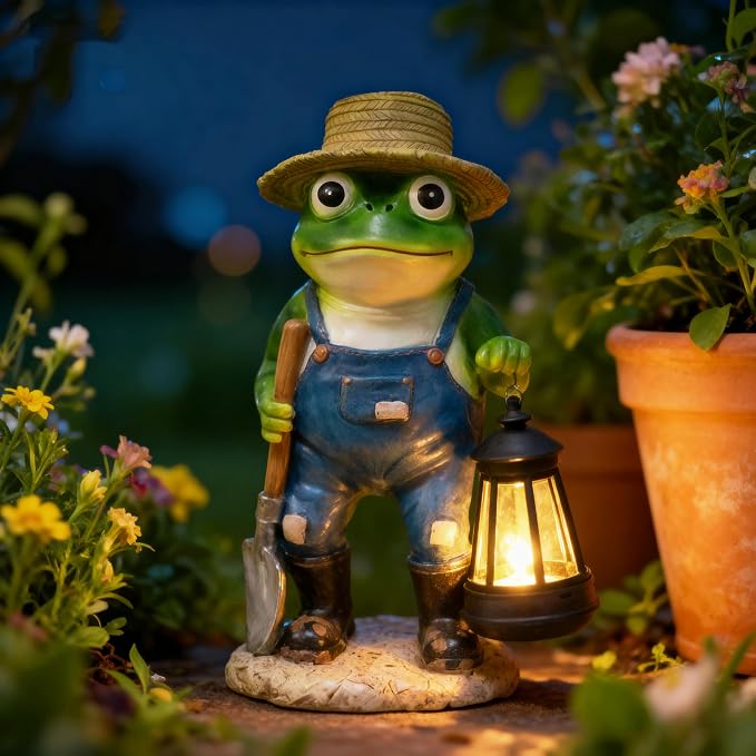11'' Solar Frog Garden Decor Outdoor Statue with Lantern Gift Idea | Light Decorations for Yard Garden Patio Mom Gift