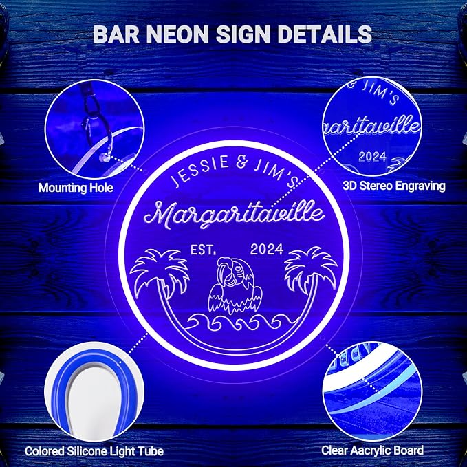 Custom Parrot Neon Sign for Tiki Bar Wall Decor, Personalized Paradise Parrot Palm Tree LED Signs, Dimmable Customize Neon Lights for Home Bar Man Cave Lounge Pool Party Business Outdoor