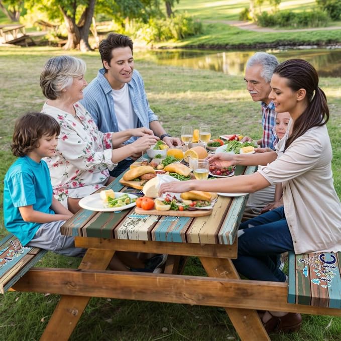 Picnic Table Cover with Bench Covers and Bag, Outdoor Wooden Camping Camper RV Wood Waterproof Windproof Tablecloth with Elastic Edges, Camping Accessories RV Gear Campers 60x30 Inches 3 Pcs Set