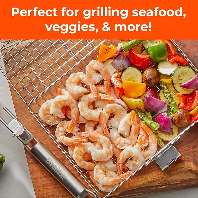 Stainless Steel Large Grill Basket with Easy Open/Close Lid and Removable Handle - 12.25 x 9.5 x 1.5 Inches - Includes Carry/Storage Bag