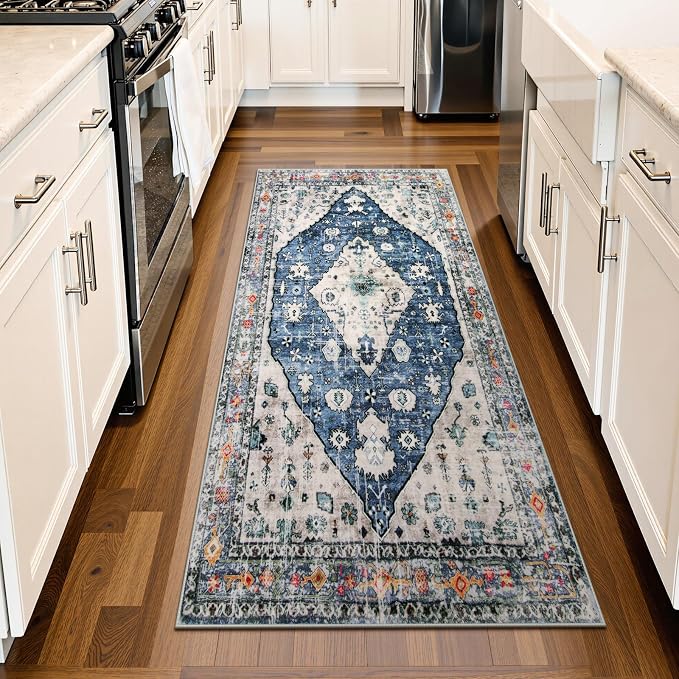 Lahome Felice Boho Tribal Runner Rug, 2x4.3 Blue Hallway Runners Rug Small Bathroom Rugs, Oriental Soft Machine Washable Non Slip Bedside Carpet Runner for Bedroom Entrance Kitchen Laundry