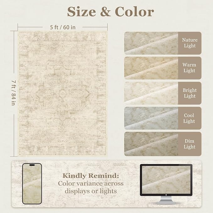 Farmhouse Beige Washable Area Rugs 5x7 for Living Room, Distressed Medallion Printed Rugs for Bedroom, Non Slip Washable Low Pile Thin Carpet Rugs for Dining Room/Kitchen/Foyer/Home Office