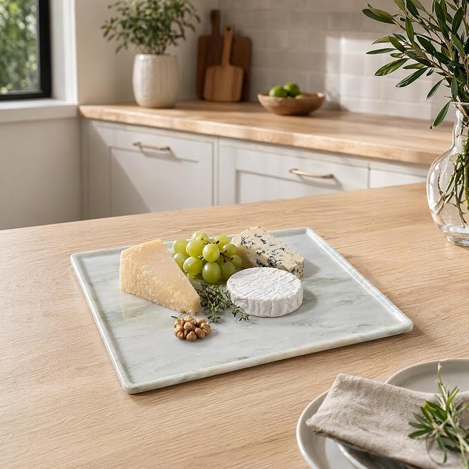 Real Natural Marble Tray 10.2in Square Solid Stone Decorative Plate | Luxury White Marble Decor Tray for Candle, Jewelry, Plant. Food-Safe Solid Stone Serving Dish with Unique Veining