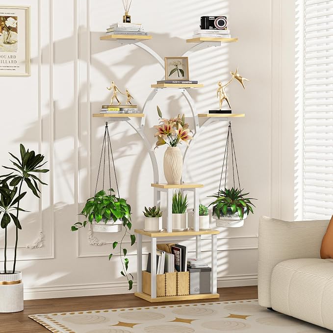 Elbourn 8 Tiered 60" Tall Plant Stand Indoor Shelf with Grow Lights (White) | Corner Shelf Decor