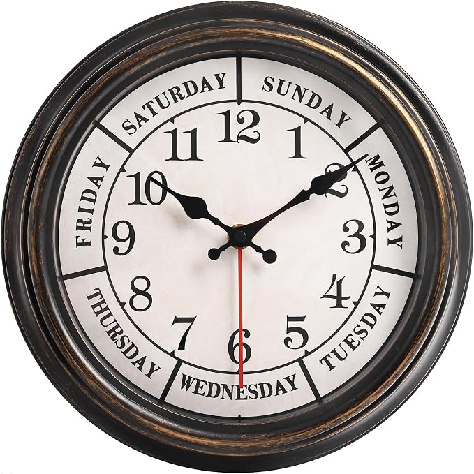zyzamay 12 Inch Retro Wall Clock,Classic Day of The Week Wall Clock,Easy to Read,Non-Ticking Round Classic(Black Gold)