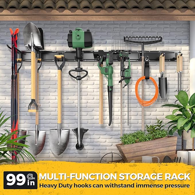 LBT 99" Garage Tool Organizer Wall Mount - 1000lbs Garden Tool Organizer with Adjustable Hooks, Heavy Duty Metal Garage Storage Rack, Anti-Rust Shed Rack Holder Hanging Rake Broom Mower Snowboard | with Adjustable Hooks, Heavy Duty Metal Garage Storage...