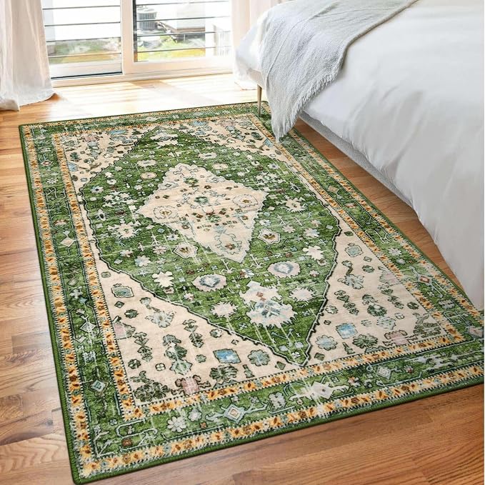 Lahome Felice Boho Tribal Area Rug - 3x5 Vintage Green Rug for Bedroom, Soft Non Slip Washable Entry Bathroom Mat Bohemian Indoor Accent Floor Chair Carpet for Entrance Coffee Table Foyer RV Hall