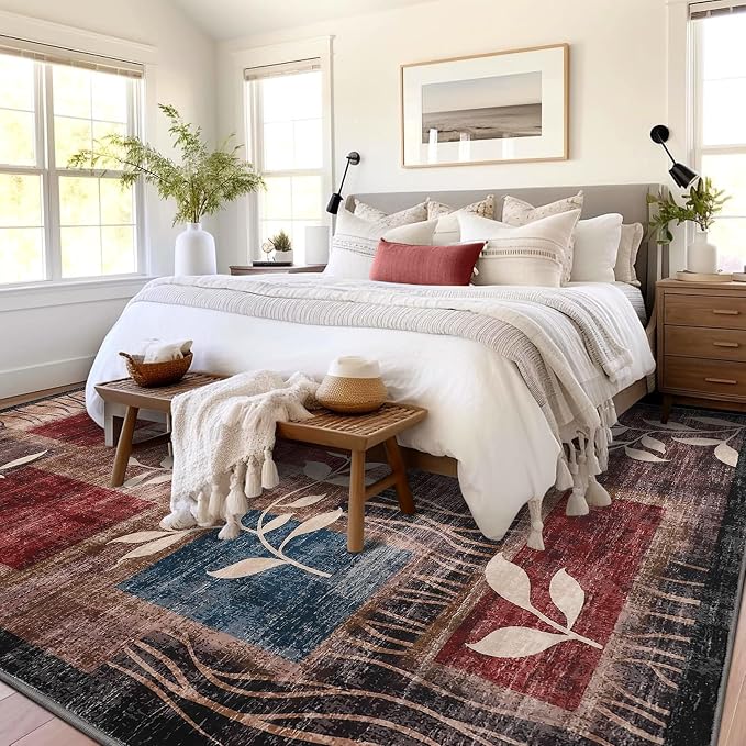 GarveeHome Washable Area Rug 9x12 Living Room Rug Soft, Geometric Floral Faux Wool Modern Checkered Rug Stain Resistant Non-Slip Accent Carpet for Apartment Dining Room Office 9x12 Red