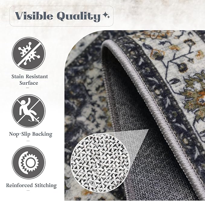 Area Rug 8x10 Washable Rug, Vintage Boho Medallion Rugs Non-Slip Soft Low Pile Large Distressed Rug Indoor Retro Carpet for Living Room Bedroom Dining Room Home Office (Vintage Black, 8'x10')