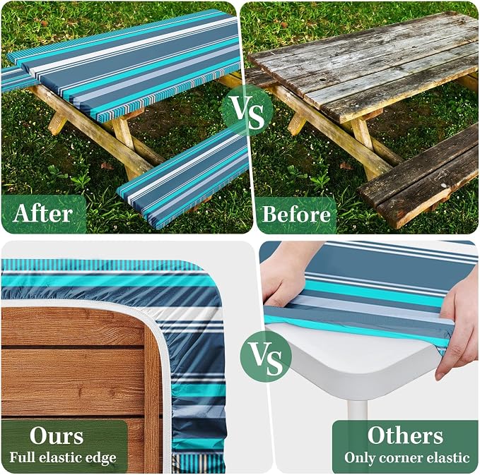 Picnic Table Cover with Bench Covers Elastic Edges, Blue Grey Tripes Camper Fitted Table Cover, Outdoor Patio Camping Essentials 72 Inch 3PCS, Waterproof Camping Fitted Tablecloth with Drawstring Bag