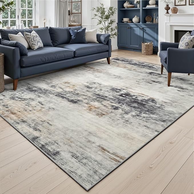 Toneed Washable 5x7 Area Rug with Non-Slip Backing for Living Room | Abstract Modern Rugs, Soft Low Pile Carpet for Bedroom Kitchen Dining Room Nursery Indoor Floor Office Home Decor, Grey/Brown