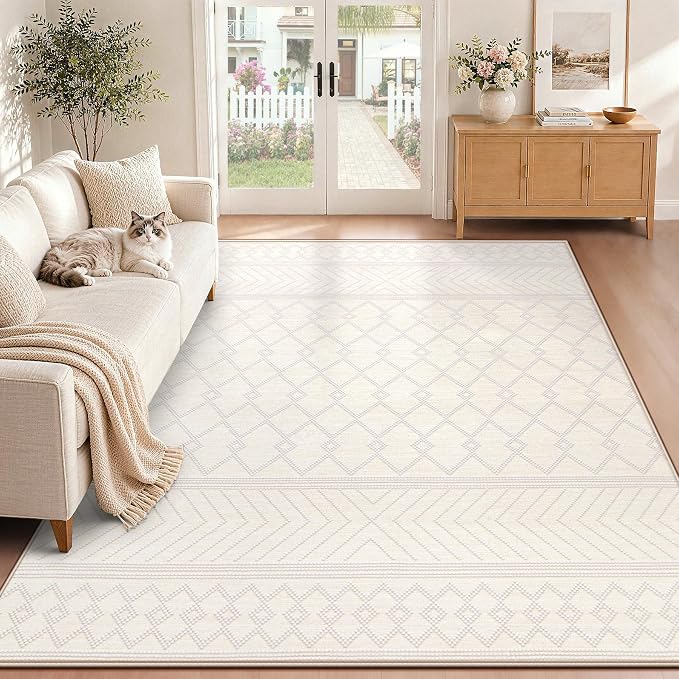 pmtsns Area Rugs 5x7 Washable Rug for Living Room(Beige, 5'x7') | Modern Geometric Moroccan Rugs Non-Slip Soft Stain Resistant Rug Indoor Printed Carpet for Bedroom Dining Room Nursery