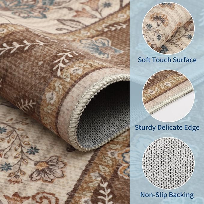 GarveeHome 5x7 Area Rug Brown Washable Rugs for Living Room Bedroom | Non Slip Soft Low Pile French Country Floor Mat Botanical Floral Print Throw Rug Indoor Carpet Dining Room Playroom