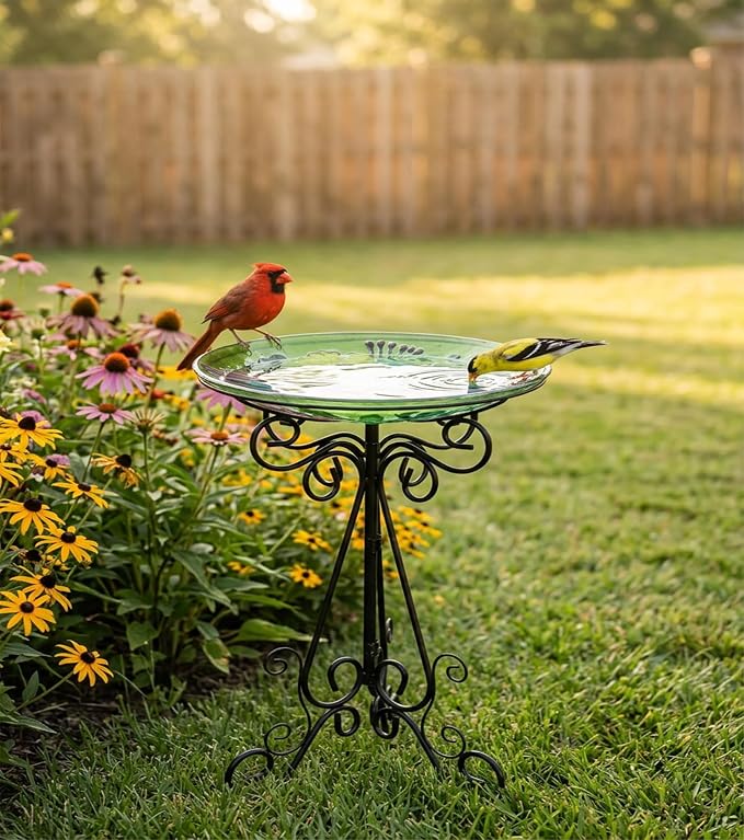 Large Bird Bath for Outside, Glass Bath Bowl with Metal Stand 28" H Standing Outdoor Birdbaths for Garden Yard Lawn Decor, Dragonfly-New