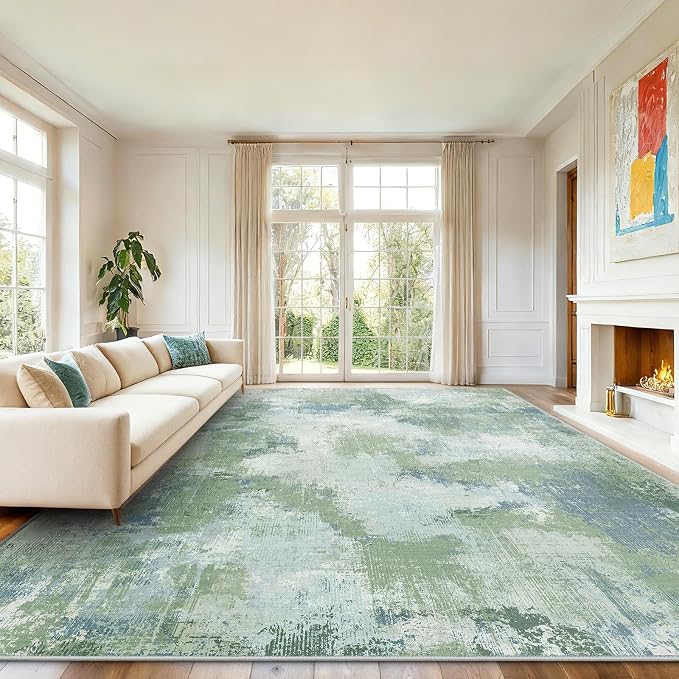 AMADA HOMEFURNISHING 10x14 Area Rugs for Living Room, Modern Large Area Rugs with Non-Slip Backing & Low Pile, Neutral Soft Washable Rug for Large Bedroom Dining Room Nursery Office, Green