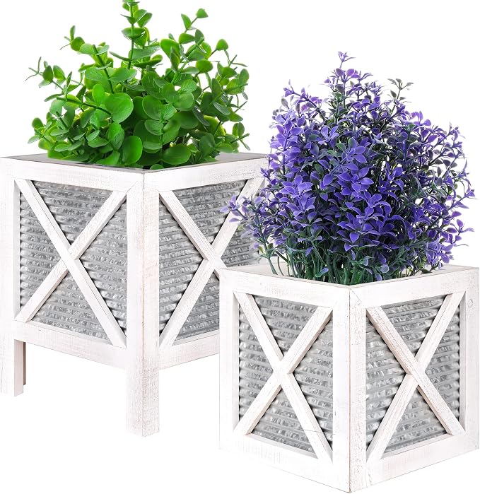 Autumn Alley Farmhouse Front Porch Planters Set of 2 Stand with Galvanized Corrugated Metal Planter for Outdoors/Indoors - Rustic Wood Square Planters Box on Legs – Charming Farmhouse Décor, White