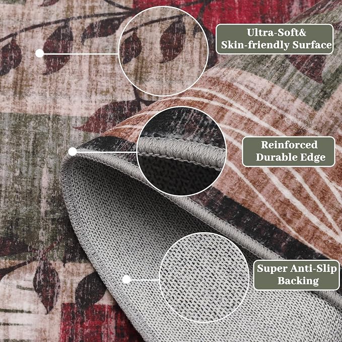 GarveeHome Washable 5x7 Rug Modern Geometric Floral Rug Machine Washable Non-Slip Carpets for Living Room Bedroom Kitchen Dining Room, Low-Pile Non-Shedding Floor Carpet Brown Red 5x7