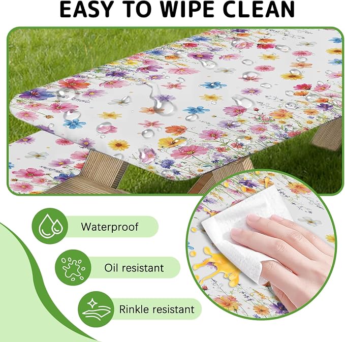 Flowers Picnic Table Cover with Bench Covers Elastic Edges, 3 Pcs Flowers Fitted Table Cover with Drawstring Bag, Waterproof Windproof Aesthetic Camping Tablecloth, Outdoor Camping Essentials 72 Inch