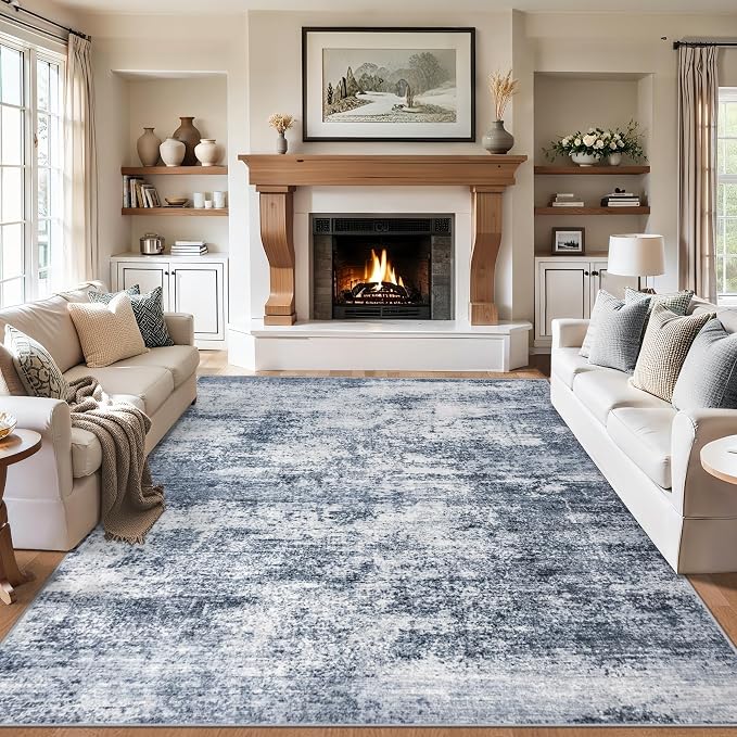 PLHXFR 9x12 Area Rug Living Room: Abstract Washable Carpet Grey Blue | For Bedroom Dining Room Farmhouse Nursery Home,Machine washable,Non Slip,Large Soft Neutral,Stain Resistant, Indoor Floor