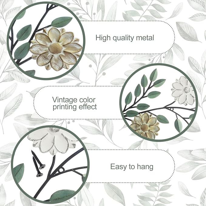 2 Pcs Metal Flower Leaves Wall Art Spring Wall Decor Living Room, 15.75 Inch Vintage Rustic Branch Leaf Wrought Iron Scroll Art Decor for Summer Bedroom Indoor Outdoor Decorations(Green)