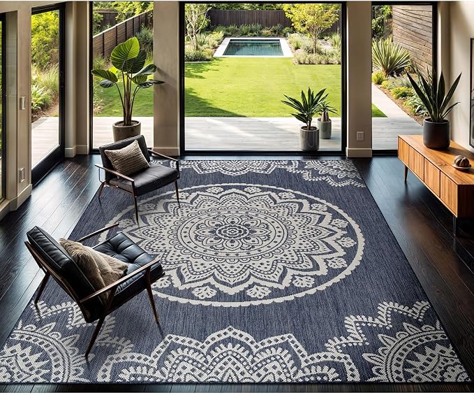 CAMILSON Outdoor Rug 9x12 Modern Area Rugs for Large Indoor and Outdoor Patios and Porches - Waterproof Washable Non-Shedding, Easy-to-Clean Outside Carpet (9 x 12, Medallion - Blue/White)