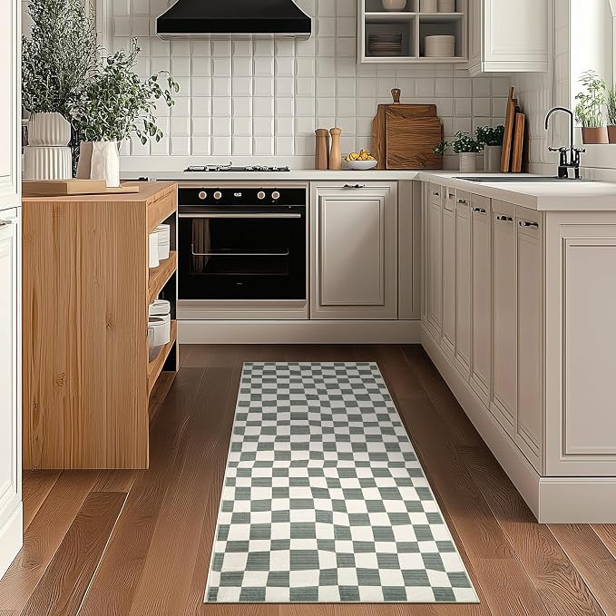 jinchan 2x5 Runner Rug Modern Checkered Geometric Lattice Hallway Rug, Grey | Soft, Non-Slip, Floor Carpet, Kid-Friendly, Kitchen, Nursery, Bedroom, Laundry Room, Entryway, Bathroom, Kids Room