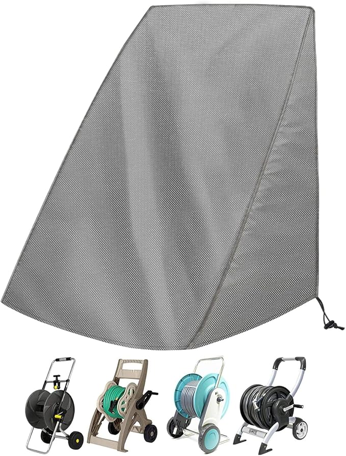Hose Reel Cart Cover 25.9x24.8x34.6 inch Buckle Fit Cover | 420D Oxford fabric, UV and tear resistant, windproof drawstring, rear hose access, wheeled fit, outdoor use