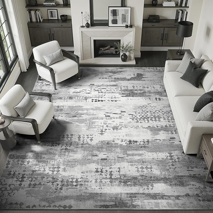 DCX Abstract Washable 8x10 Rug, Non Slip Low Pile Rug, Gray | Easy to clean, non-shedding, soft, kid & pet friendly, with a non-slip rubber backing for living rooms, bedrooms, and offices