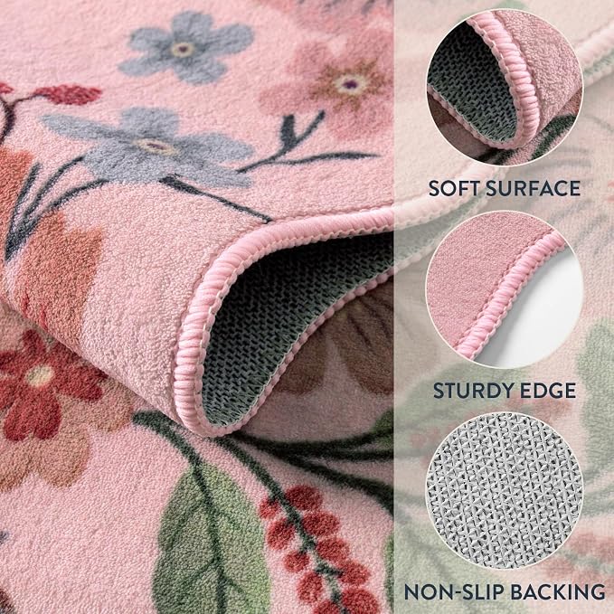 Lahome Floral Living Room Rugs, Washable Pink Area Rugs 5x7 Rug for Bedroom | Ultra-Thin Soft Rug Non-Slip Washable Rugs Throw Boho Rug for Nursery Playroom Classroom Flore (5x7ft, Pink)