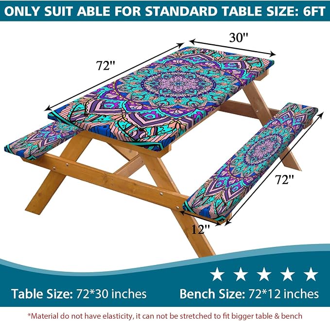 Picnic Table Cover with Bench Cover, Boho Table Covers with Elastic Waterproof Camping Tablecloth with Drawstring Bag, Outdoor Travel Rv Patio Camping Essentials, 60In 3PCS