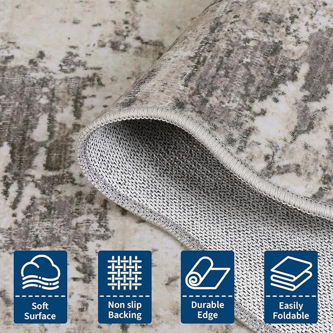 ROYHOME Modern Abstract 2x6 Scalloped Runner Rug Washable Rug, Brown Grey | Non Slip Stain Resistant Rug for Hallway Kitchen Bedroom Non Shedding Low Pile Indoor Floor Cover