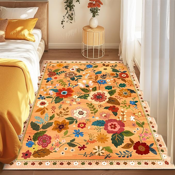 RELEANY Floral Washable 4x6 Area Rugs Orange/Yellow/Red | Flower Carpet, Print, Boho, Non-Slip, Easy to Clean, Soft, Low Pile for Living Room Bedroom Kitchen Office Entryway Hallway
