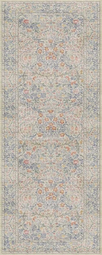 Washable Bathroom Runner Rug 2x5, Non Slip Runner for Laundry Room, Bathroom Sink Mat - Vintage Pastel Beige Blue Throw Rug, Ultra Soft Low Pile Stain Resistant