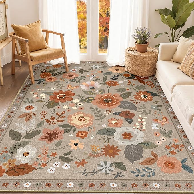 RELEANY Floral Washable 4x6 Area Rugs Brown/Brick | Flower Carpet, Print, Boho, Non-Slip, Easy to Clean, Soft, Low Pile for Living Room Bedroom Kitchen Office Entryway Hallway