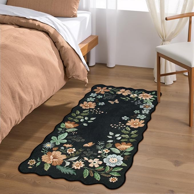Lahome Floral Entryway Rug, 2x4 Soft Washable Kitchen Rug Ultra-Thin | Non-Slip Door Mat Indoor Entrance Stain Resistant Boho Small Flore Carpet for Bathroom Bedroom (2x4ft, Black/Grey)