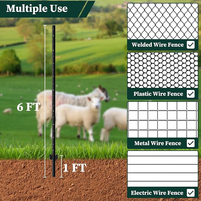 10 Pack Metal Garden Fence Posts 6 FT Black – Heavy Duty U-Post for Wire Fencing, No-Dig Fence Stakes for Temporary Fencing, Corner Anchor Posts, Rustproof Powder-Coated Steel for Farm, Yard & Garden