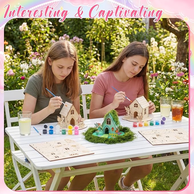 DoubleFill 3 Sets Wooden Fairy House Kit Craft - DIY Fairy Garden with Paints & Decorations - Arts Crafts & Birthday Gift for Craft Activity Party Decor (Cute Tall)