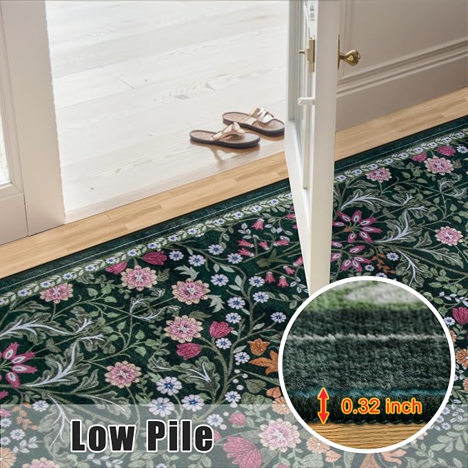 PLHXFR 8x10 Area Rug Living Room: Floral Washable Boho Carpet Dark Green | For Bedroom Dining Room Farmhouse Nursery Hallway,Vintage Floral,Machine washable,Non Slip,Stain Resistant,Large Indoor