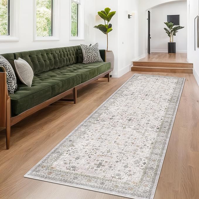 Washable Long Runners for Hallways, 3x8 Low Pile Kitchen Runner Rug, Bohemian Light Gray & Sage Entryway Indoor Rug, Distressed Floral Geometric Design, Non-Slip Stain & Fade Resistant