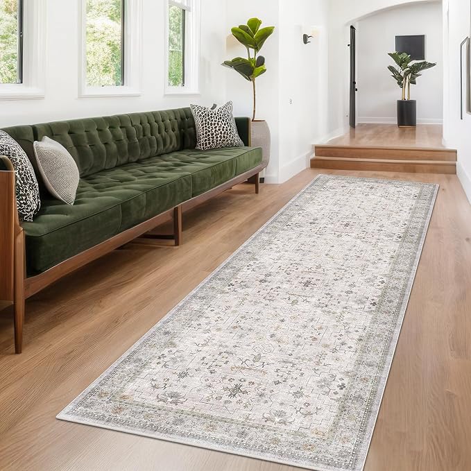 Washable 8ft Long Runners for Hallways, 2x8 Light Gray & Sage Kitchen Runner Rug, Entryway Indoor Runner for Bathroom, Non Slip Boho Vintage Floor Décor for High Traffic Area