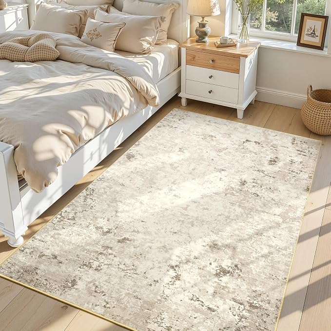 Toneed 4x6 Washable Non Slip Abstract Area Rugs for Bedroom Living Room | Soft Modern Low Pile Rug for Kitchen Hallway Office,Indoor Carpet for Kids Nursery Home Decor, Beige