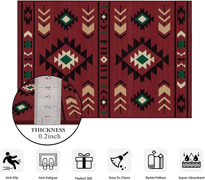 Western Runner Rug 2x6 for Hallway Kitchen Bedroom, Southwestern Aztec Tribal Runner Rugs Southwest Navajo Machine Washable Rug Non-Slip Printed Low-Pile Floor Carpet Mat for Living Room, Red