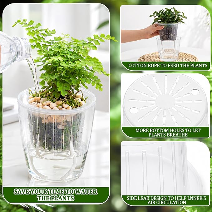 24 Pcs Self Watering Pots, 3.5/4.3/5.1'' Plastic Flower Plant Pot with Inner Pot Self Watering Wick Planter Clear Flower Pots for Indoor House Plants Herb Flowers Succulents (Transparent)